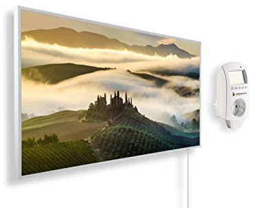 Könighaus Panorama Bildheizung 1000 Watt - Smart Thermostat - 14-26 m² | App, weißer Rahmen, Motiv: 09. Aussicht Toscana, TÜV SÜD, Infrarot Wandheizung