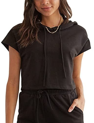 Hanyomo Mujeres Deportes Recortado Sudaderas con Capucha Ejercicio Aptitud física Camisetas Camisa de Entrenamiento cordón Tops Negro S