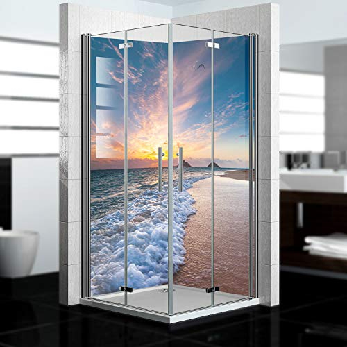 dedeco Eck-Duschrückwand wasserfest Motiv: Strand V5, UV-Lack matt, 2 x 80x210 cm, als Badrückwand zum Fliesenersatz, als Dekorwand, Wandverkleidung und Duschplatte aus Aluminium - Made in Germany