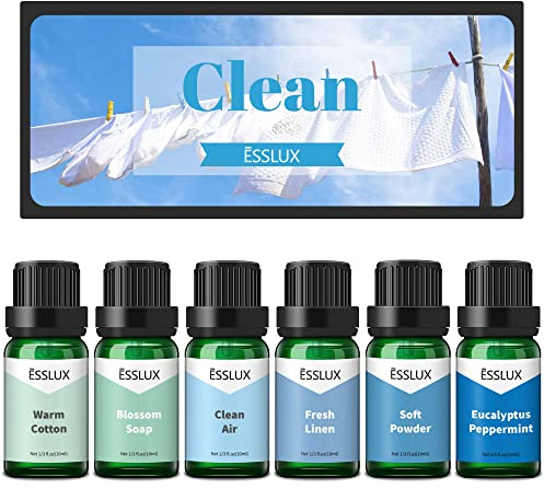 Fragrance Oil, ESSLUX Clean Set of Scented Oils, Essential Oils for Diffuser for Home, Premium Soap & Candle Making Scents, Aromatherapy Oils Gift Set - Clean Air, Fresh Linen, Warm Cotton and More