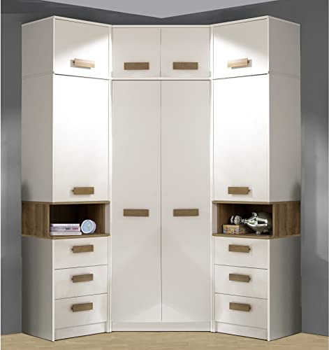 Marmex Grant G14 - Eckschrank 143x235x143 cm, 2X, Bücherregal - Eckgarderobe mit Kleiderstangen und Einlegeböden für das Jugendzimmer, Schlafzimmer - Eckkleiderschrank - weiß + Riviera Eiche