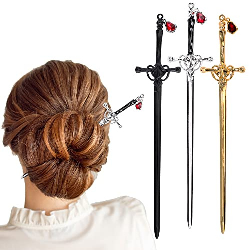 Whaline 3 Pieces Chinese Sword Hair Sticks Metal Sword Hair Pins Stick with Gemstone Pendant Vintage Style Hair Buns Chopsticks Black Silver Gold Color for Women Girls Long Thick Hair Accessories