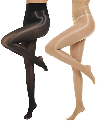 MANZI Ölig Glanzstrumpfhosen Damen Sexy Seidenglatt Feinstrumpfhose 15 Den | Nylon Strumpfhose Glänzend Seidenstrumpfhose Reißfest Schwarz Hautfarbe Braun Weiß,2 Paar