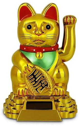 Lucky Cat Waving Moving Arm Solar Power Chinese Oriental Fortune Good Fortune Maneki Neko Feng Shui Money Decoration Dancing Cats Chinese Gift (Gold)
