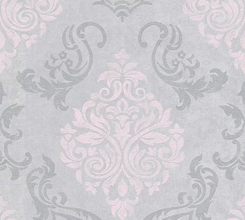 Carta da parati barocca Profhome 953726-GU Carta da parati TNT leggermente strutturata in stile barocco scintillante grigio argento rosa 5,33 m2