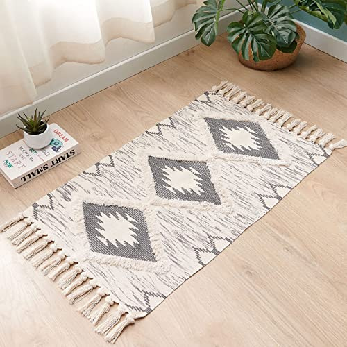 JaeMoose Tapis en coton touffeté lavable avec pompons - Motif géométrique - Tapis de zone bohème (gris, 60 x 90 cm)