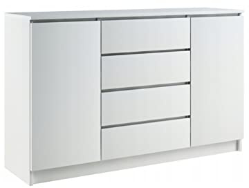 VBChome Kommode mit 4 Schubladen und 2 Türen 140 x 40 x 97 cm Weiß Matt Grifflose Schubladenkommode Mehrzweckschrank für Flur Schlafzimmer Wohnzimmer Modern Weiß Matt