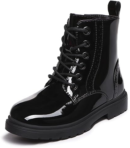 Athlefit Boys Girls Waterproof Combat Boots Lace Up Side Zipper Black Patent Ankle Booties for Big Kid Size 4