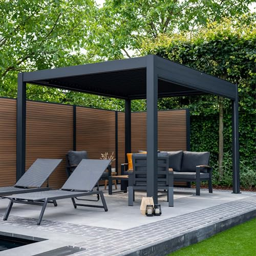 Pratt & Söhne Gartenpavillon mit elektrischen Dachlamellen 4 x 3 m - Stabile Terrassenüberdachung aus Aluminium mit LED-Beleuchtung - Wasserdichte Pergola - Anthrazit