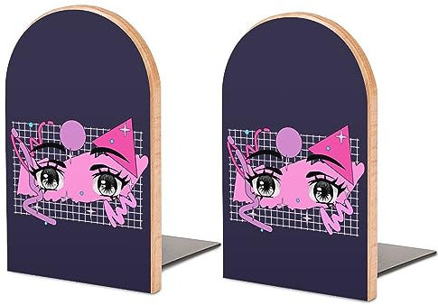 Niapessel Buchstützen Buchstützen für Regale zum Halten von Büchern, große Cartoon-Anime-Augen, kleine rutschfeste Buchstopper, Holz, dekorativ, Heimbüro, Schreibtisch