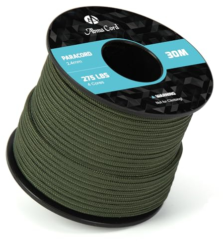 Abma Cord 30M Paracord 275 Cuerda de Nylon 2,4 mm Cuerda de Paracaídas 4 Hebras Cuerda para Exteriores Cuerda de Supervivencia Cuerda para Todo Uso - MAX. 125kg (275lbs) - Ejército Verde