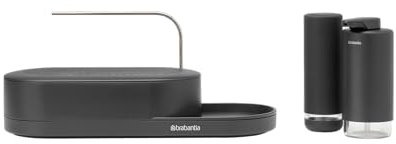 Brabantia - SinkStyle Organiser Set of 3 with Organiser, Soap Dispenser, and Soap Squeezer – Compact Design, Drip Tray with Airflow, Non-Skid Tray – Mineral Infinite Grey