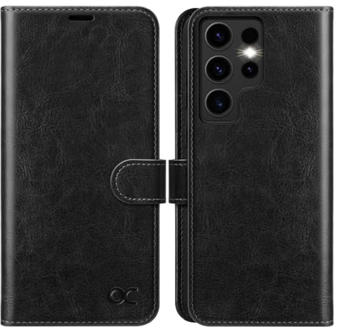 OCASE Hülle für Samsung Galaxy S24 Ultra 5G Premium Leder Schwarz | Flip Klappbare Klapphülle Stoßfeste Magnetische Standfunktion Kartenfächern Schutzhülle Tasche Handyhülle