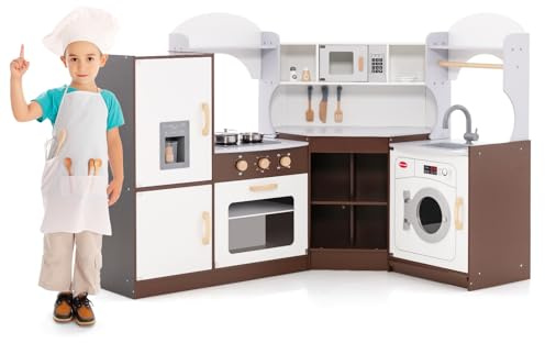 Kids Corner Kitchen Playset, Wooden Play Kitchen with Washing Machine, Range Hood, Ice Maker, Microwave, Oven, Sink, Little Chef Pretend Cooking Toy Set for Toddler (Brown)