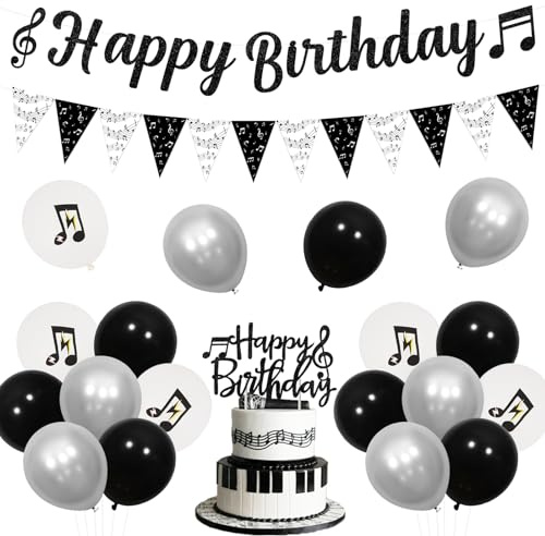 Jollyboom Geburtstagsparty-Dekorationen mit Musikthema – Happy Birthday Banner, Notizen Wimpelkette, schwarz-weiße Luftballons, Kuchenaufsatz für Kinder und Erwachsene, Partyzubehör