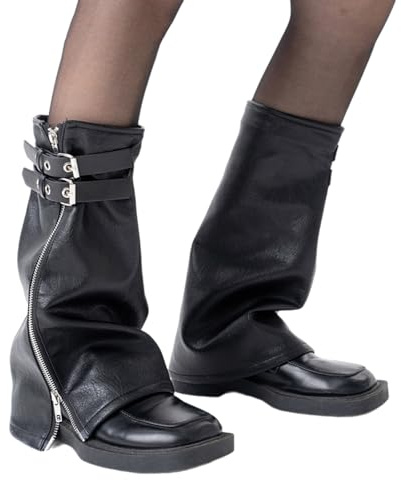 churuso Damen Punk Schwarz PU Leder Ausgestellte Beinbezüge Mit Ösenband Und Reißverschluss Harajuku Y2K Mädchen Gothic Beinwärmer Socken Beinbezüge