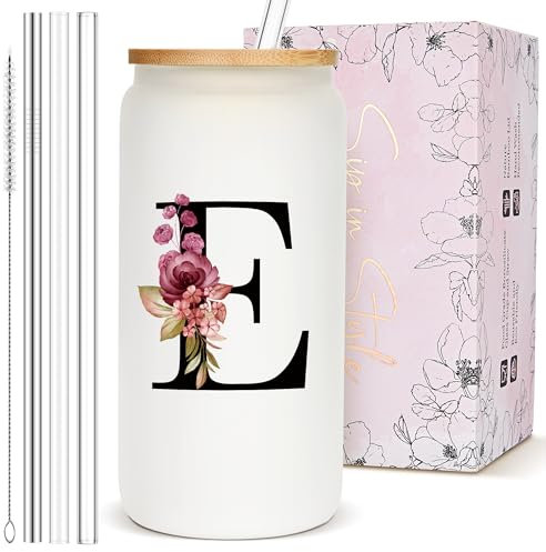 Regalos personalizados para mujeres, vaso de vidrio esmerilado con monograma con popote y tapa, bonita taza personalizada, vasos de café helado con inicial personalizable, taza para beber