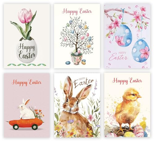 Giftinghouse Biglietti pasquali confezione multipla, confezione da 6/12, biglietti di auguri di buona Pasqua con buste con 6 design unici misti, biglietti di auguri ecologici vuoti all'interno per