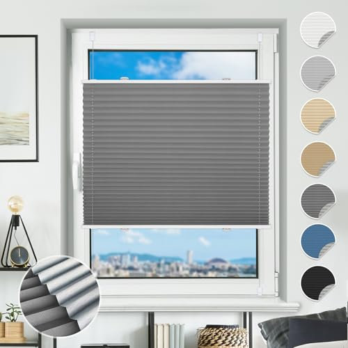 Plissee ohne Bohren Verdunkelung Plissees Klemmfix 35x100cm(BxH) Grau 100% Blickdicht Verdunklungsplissee Fensterrollo innen ohne Bohren Aluminium Rollos für Fenster & Tür