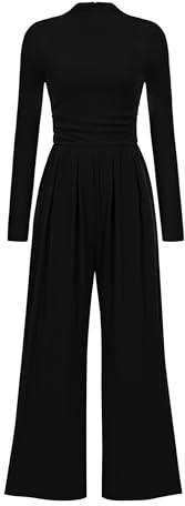 PRETTYGARDEN Jumpsuits For Women Dressy Fall Fashion Clothing 2025 Long Sleeve Mock Neck Date Night Rompers Business Outfits (Black,Small)