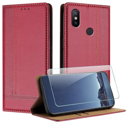 JayModCase Funda para Xiaomi mi 6X / A2 con Protector Pantalla, Flip Leather Ranura Tarjeta Magnético Wallet Carcasa con Cierre magnético Soporte Plegable para Xiaomi A2 - Rojo