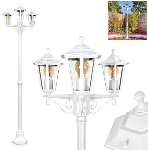 HOFSTEIN Kandelaber Loria, Außenwegeleuchte aus Metall/Glas in Weiß/Klar, Wegeleuchte im Landhaus/Antik/Retro/Vintage-Design für Garten, Außenbereich, Hof, Höhe max. 200 cm, 3 x E27, IP44
