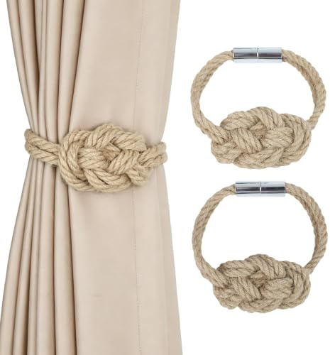 HedongHexi 2 Pack Natural Jute Magnetic Curtain Tiebacks, Boho Rustic Style Decorative Curtain Ties Backs for Home & Office Drapery