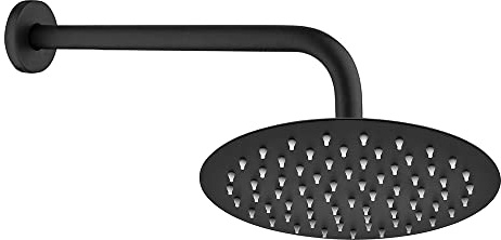 Kit doccia nero opaco con braccio 40 cm e soffione 25 cm, in acciaio inox con snodo orientabile e ugelli anticalcare