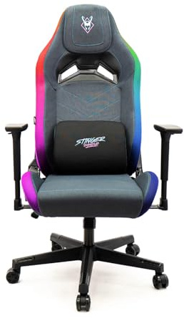 Woxter Stinger Station Elite RGB Blue/Pink Chaise de Gaming avec lumières LED RVB, Levage par Piston à gaz, Tissu Anti-Taches Respirant, accoudoirs 3D, Coussin Lombaire réglable et cervicale intégré