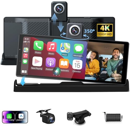 4K Carplay Display Android Auto Display mit Exklusive Halterung, 350° Drehbare Frontkamera 10,26 Zoll Tragbarer Driveplay Autoradio Carplay Dual-Bluetooth Fahrnavigation SI.ri G-oogle