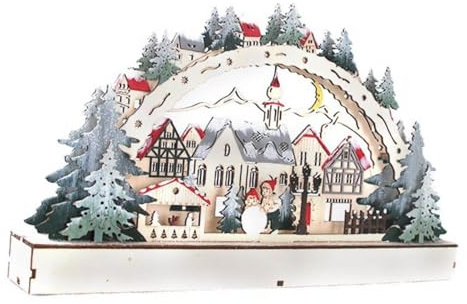 Casas de madera del pueblo de Navidad - Adorno LED iluminado para pueblo de Navidad 38 x 22 x 5 cm | Casas navideñas de madera, decoraciones navideñas iluminadas para mesa, estante, dormitorio