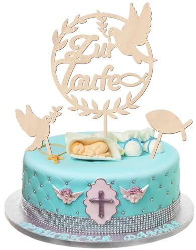 Cake Topper Taufe Tortendeko, Taube Fisch Kuchen Deko, Tortendeko Holz Torten Topper Taufe Kuchendeko Mädchen Junge Tortenstecker Taufe Deko, Cake Topper Babyparty