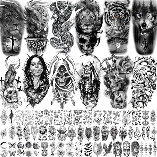 66 feuilles de tatouages temporaires pour homme et femme - Noir - Dragon - Aigle - Tatouages temporaires - Pour homme et femme - Vampire - Tigre - Lion effrayant - Tête de mort - Faux tatouages 3D