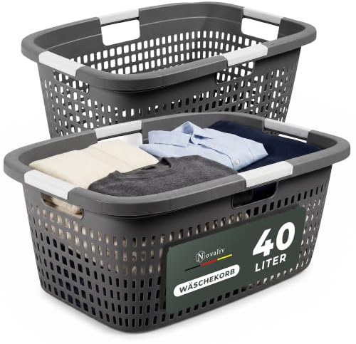 Novaliv 2 Stück Wäschekorb mit 4 Griffen 40L Anthrazit, Wäschebox Set Wäscheeimer Wäschebehälter für Bad Wäsche Schmutzwäsche, Wäschekörbe Laundry Basket Aufbewahrung Korb Sammler Box
