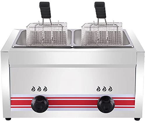LYDBMYT Friteuse à gaz Professionnelle GPL, friteuse en Acier Inoxydable, friteuse Commerciale avec paniers et couvercles, pour Restaurant Commercial, Cuisine Domestique, Double Cylindre 10 L + 10 L