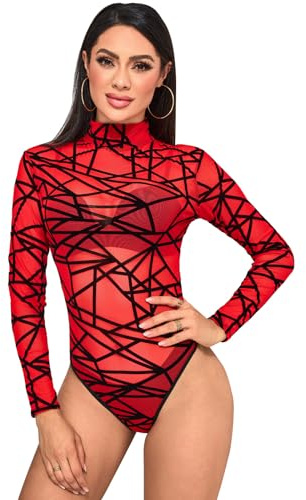 BALAYSIER Semi-genomskinlig bodysuit dam långärmad bodysuit sexig hög elasticitet bodysuit för fest och rave, Röd rand, XXL