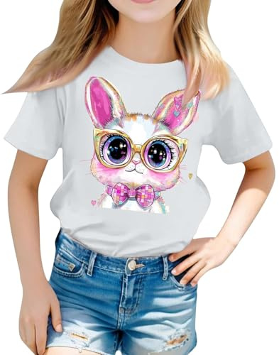 Mjjsk Camisetas de manga corta con cuello redondo para niñas, camiseta divertida con estampado de conejo, lindas camisetas gráficas, camisetas casuales de verano para vacaciones