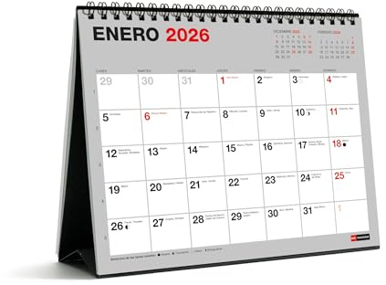 Miquelrius - Calendrier 2026 de bureau Basic, organiseur annuel 250 x 200 mm, avec espace pour noter, planificateur 12 mois, reliure spirale double, espagnol