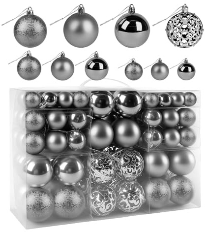 ilauke 100 Stück Christbaumkugeln, Weihnachtskugeln Kunststoff mit Aufhängen, Glitzernden Weihnachtskugeln Plastik Weihnachtsbaumschmuck für Weihnachts Deko Christbaumschmuck, Grau