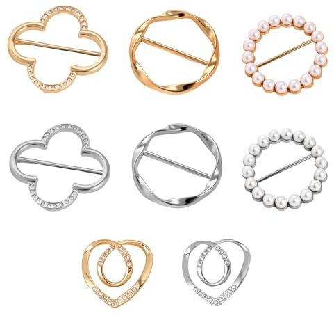 UIHRLM 8 PCS Scarf Ring, Fashion Metal Scarf Rings for Women, Pearl Circle T-Shirt Clip Ties Buckle Knotted Button Decorative Accessories for Women Clothing, Loose Clothes, Dresses (Silver + Gold)