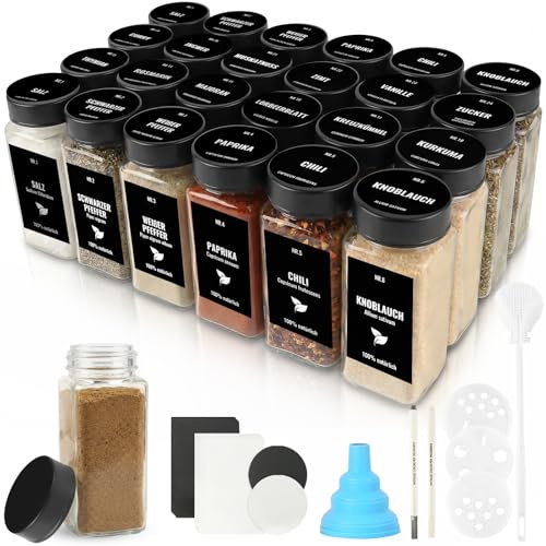JAECU 24pcs 120ml Bocaux à Épices Verre avec Couvercle en Acier Inoxydable | Pot Epices Carré, Rangement pour Epices de Cuisine, Convient pour Le Camping, Noir