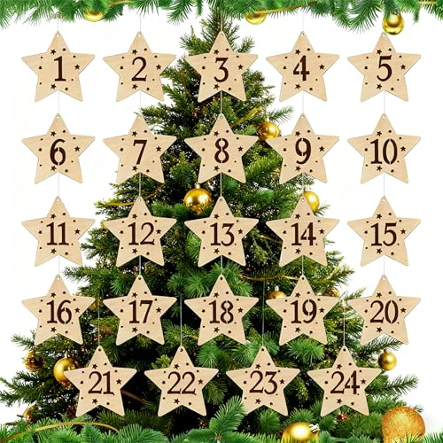 Adventskalenderzahlen aus Holz | 24 Sterne Anhänger | Zahlen 1–24 | Holzanhänger Weihnachten | DIY Adventskalender Deko | Holzsterne