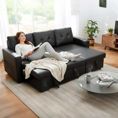 Panana Modern Living Left/Right L-Shaped Sectional Sofa Bed, Corner Storage Chaise, 3 Seater Sectional Sofa Couch, Convertible Sleeper with Hidden Storage Compartment (Black Faux Leather)
