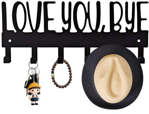 Chersun Love You Bye Key Holder, Black Metal Wall Mounted Key Hooks Above Door Sign, Home Signs Wall Decor Hanger Decorative Accessories with 6 Hooks for Coats Hats Bags, Gifts for Women Men