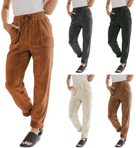 Pantaloni in velluto a vita alta, elasticizzati, comodi, per il tempo libero, in tinta unita, per l'autunno, l'inverno, da donna, con tasche e coulisse, beige., XL