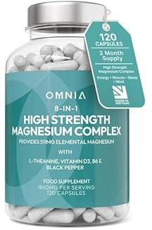 OMNIA High Strength Magnesium Complex – 8-in-1 Magnesium Glycinate, Citrate, Malate & Oxide with L-Theanine, Vitamin D3, B6 & Black Pepper -120 Vegan Capsules