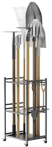 tekrabea Garden Organizer With Wheels, Yard Tower Rack for Garage Storage, Sturdy Metal Steel Holder With 3 Hooks, Outdoor, Adjustable Feet Yard Tool Rack for Shovels, Rakes, Brooms, Black