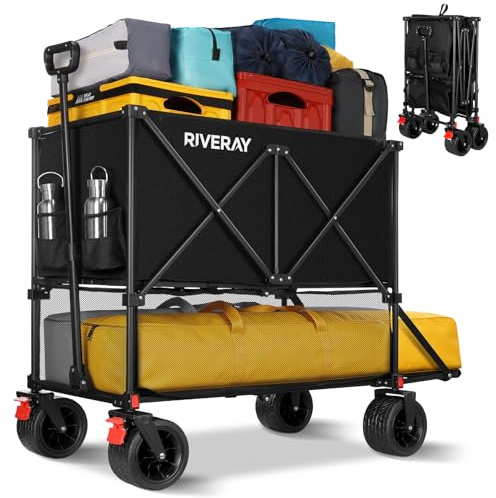 RIVERAY Chariot Tout-Terrain 400L Pliable 4 Roues avec Frein 18x10CM, XXXXL | Double Étage, Toile Amovible et Lavable, Poignée Réglable, Châssis Renforcé, 2*Sac à Tasse, pour Camping, Plage, Événements