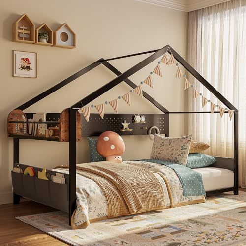 IRONCK Twin Floor Bed, Metal House Bed Frame with Multi-Functional Pegboard, Bedside Caddy & Storage Shelf, No Box Spring Needed, The Ultimate Creative Sanctuary, Black