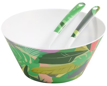 OHS Palm Print Picnic Salad Bowl, Reusable Plastic Serving Bowl with Matching Spoon and Fork Utensil Set Large Plastic Bowls 3 Piece for Salad Pasta Snacks - Parties Picnic BBQ Birthdays, Green